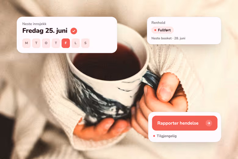 Hender i hvit genser holder en kopp med varm drikke med kalender og rapporteringsbokser over.