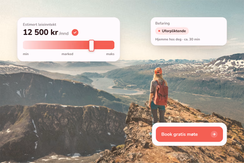 Kvinne med sekk står på fjelltopp og ser utover fjorden, med estimert leieinntekt og befaringskort på skjermen.