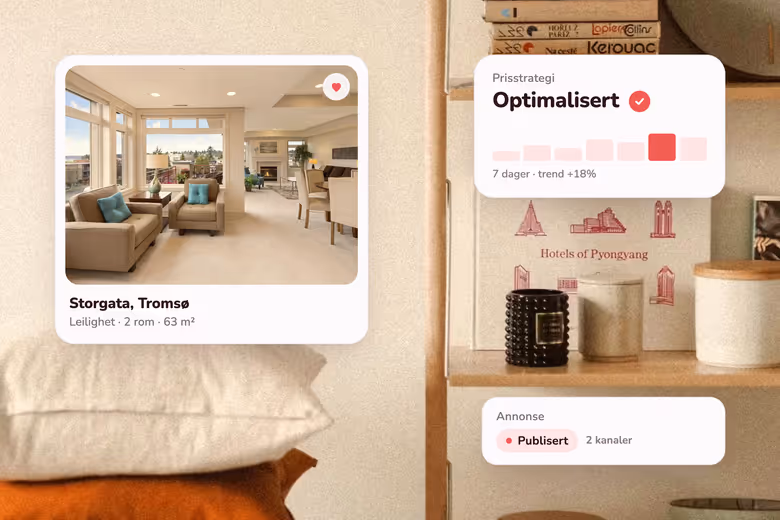 Lys stueleilighet med to beige stoler, puter og spisebord, annonse for Storgata, Tromsø.